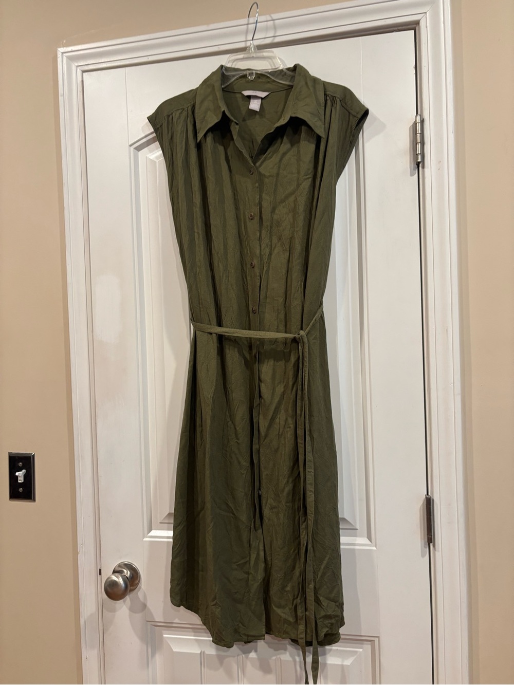 H&M Olive Green Button-Front Midi Linen Shirt Dress